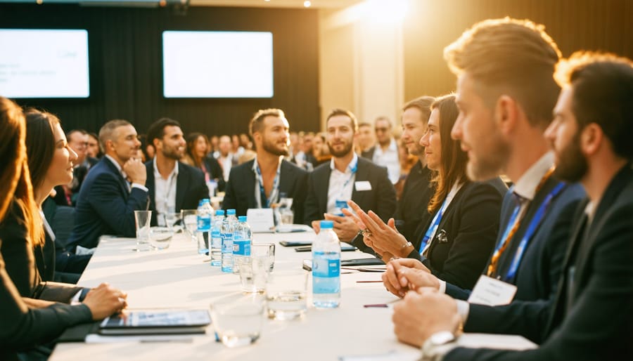 Business professionals networking at financial services conference