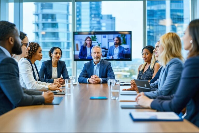 Diverse group of professionals and regulators discussing around a roundtable in a modern Canadian conference room, with Toronto skyline visible through windows and a screen showing remote participants; no visible text or logos.
