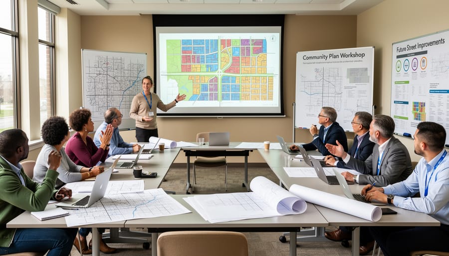 Diverse group attending an urban planning public meeting in a community room