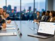 Diverse stakeholders seated at a conference table in a modern civic meeting room, collaborating on urban planning and public affairs with laptops and printed folders.