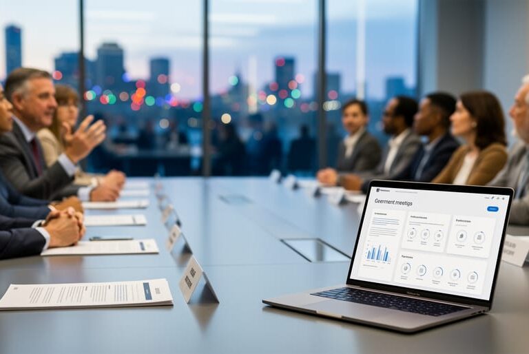 Diverse stakeholders seated at a conference table in a modern civic meeting room, collaborating on urban planning and public affairs with laptops and printed folders.