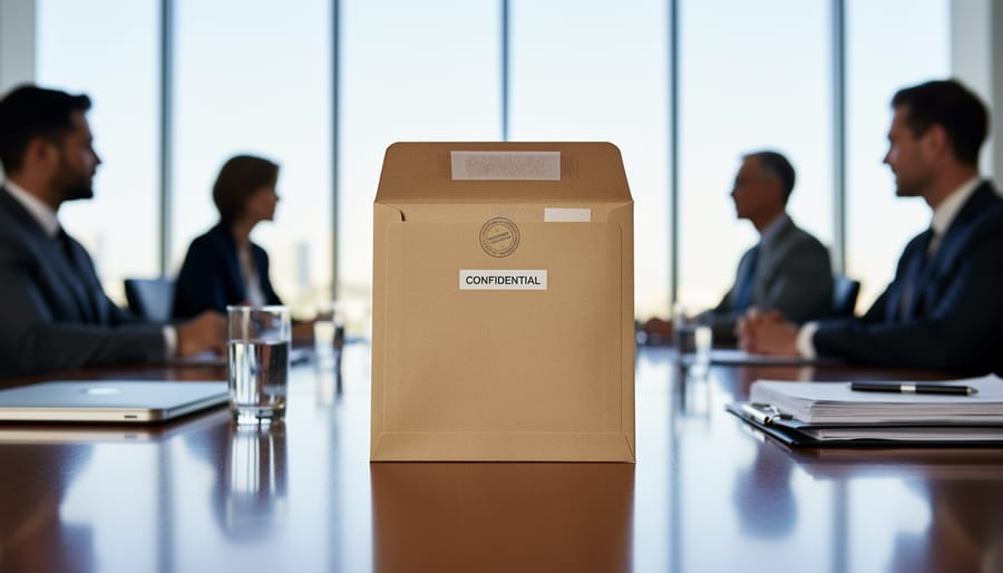 Hands sealing a confidential envelope with a wax seal on a wooden desk