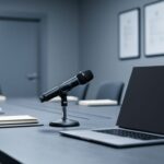 Private meeting room scene with a conference microphone and a laptop showing a privacy screen, suggesting confidential, controlled-access discussions.