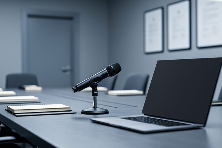 Private meeting room scene with a conference microphone and a laptop showing a privacy screen, suggesting confidential, controlled-access discussions.