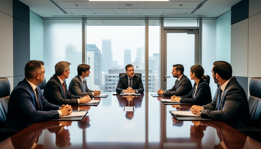 Silhouetted people seated around a polished conference table in a private boardroom