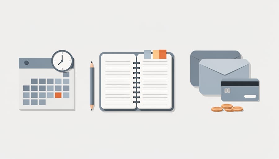 Close-up of budgeting tools like a calculator and notepad on a desk