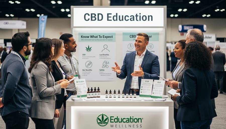 People listening at a CBD-themed event information booth while a facilitator holds a clipboard.