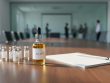 Modern conference table setup with CBD oil bottle and sample vials, photographed in soft daylight with a blurred event room background.