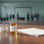 Modern conference table setup with CBD oil bottle and sample vials, photographed in soft daylight with a blurred event room background.