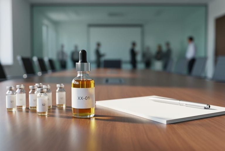 Modern conference table setup with CBD oil bottle and sample vials, photographed in soft daylight with a blurred event room background.