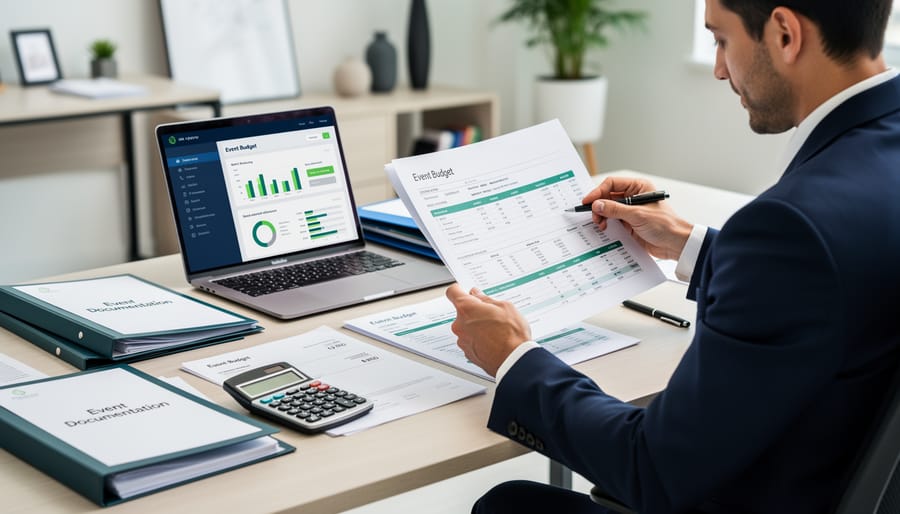 Event planner reviewing contract and budget documents at a desk