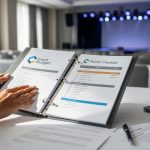 Hands of a certified event planner reviewing event budget paperwork on a conference table with a modern venue softly blurred in the background.