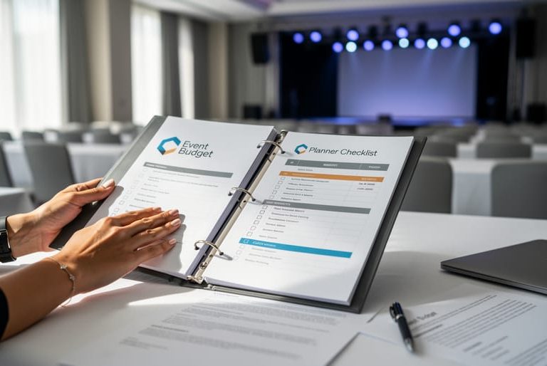 Hands of a certified event planner reviewing event budget paperwork on a conference table with a modern venue softly blurred in the background.