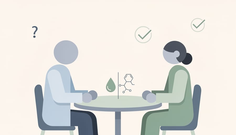 Healthcare professional speaking with an attendee in a clinic-like setting, suggesting ethical guidance.