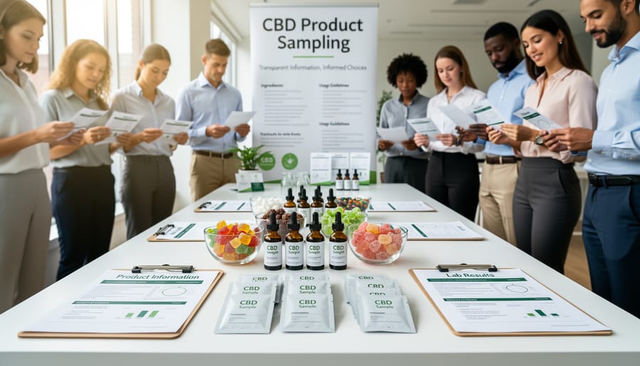 Close-up of CBD sample container and documentation materials on a wooden table.