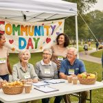Volunteers and community members preparing an outdoor neighborhood event with a canopy tent and shared refreshments in a park.