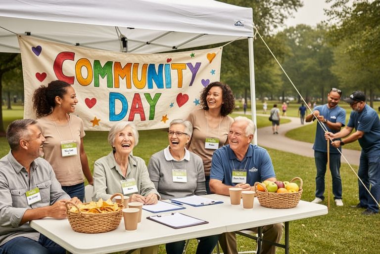 Volunteers and community members preparing an outdoor neighborhood event with a canopy tent and shared refreshments in a park.