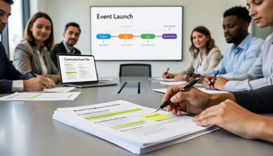Event planner reviewing permit and accessibility documents at a desk with a laptop in the background